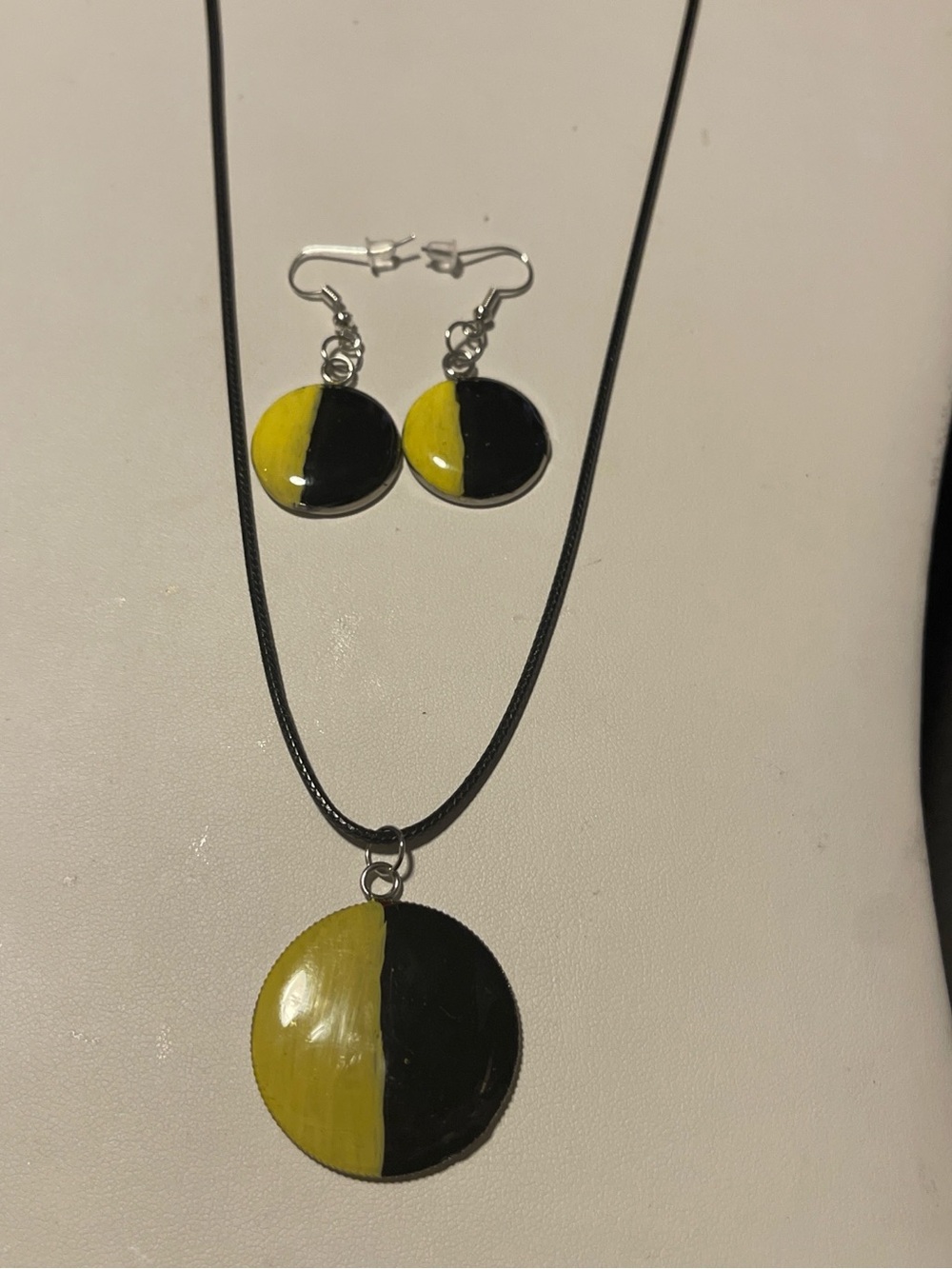 Yellow & Black Half-Moon Pendant Necklace with Matching Earrings